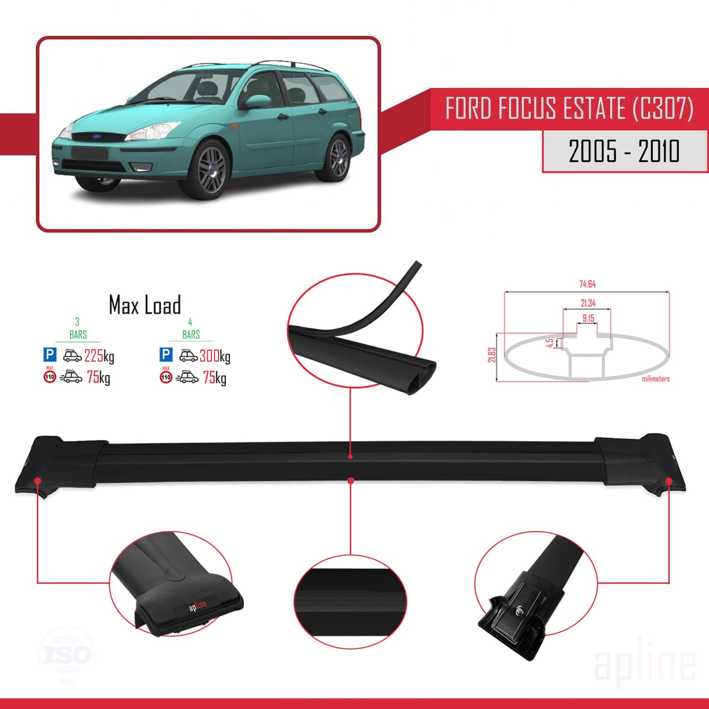 Compatible with Ford Focus 2 (C307) SW 2005-2010 FLY Model Car Roof Rack Cross Bar Black Aluminium 3 Bars