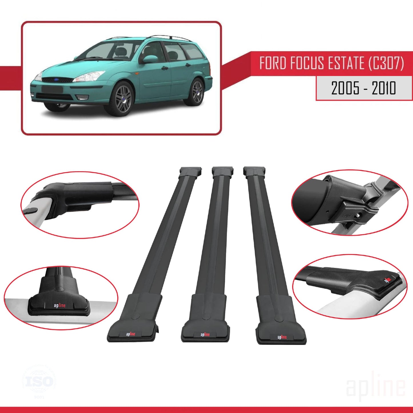 Compatible with Ford Focus 2 (C307) SW 2005-2010 FLY Model Car Roof Rack Cross Bar Black Aluminium 3 Bars