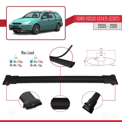 Compatible with Ford Focus 2 (C307) SW 2005-2010 FLY Model Car Roof Rack Cross Bar Black Aluminium 2 Bars