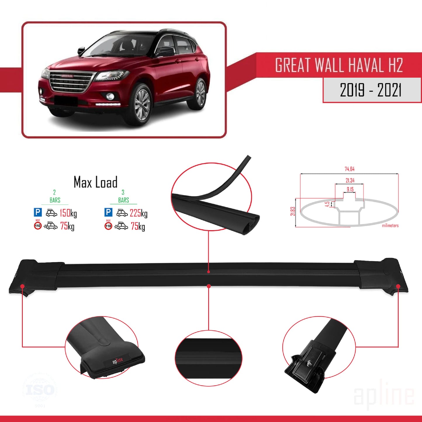 Compatible with Great Wall Haval H2 2019-2021 FLY Model Car Roof Rack Cross Bar Black Aluminium 2 Bars