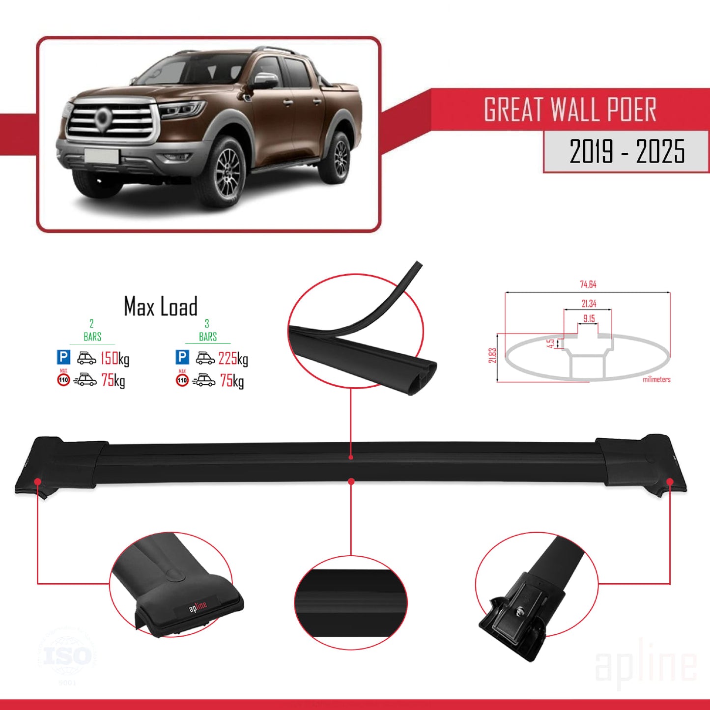 Compatible with Great Wall Poer 2019-2025 FLY Model Car Roof Rack Cross Bar Black Aluminium 2 Bars