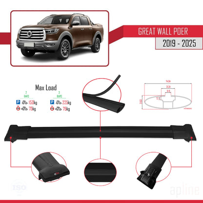 Compatible with Great Wall Poer 2019-2025 FLY Model Car Roof Rack Cross Bar Black Aluminium 2 Bars