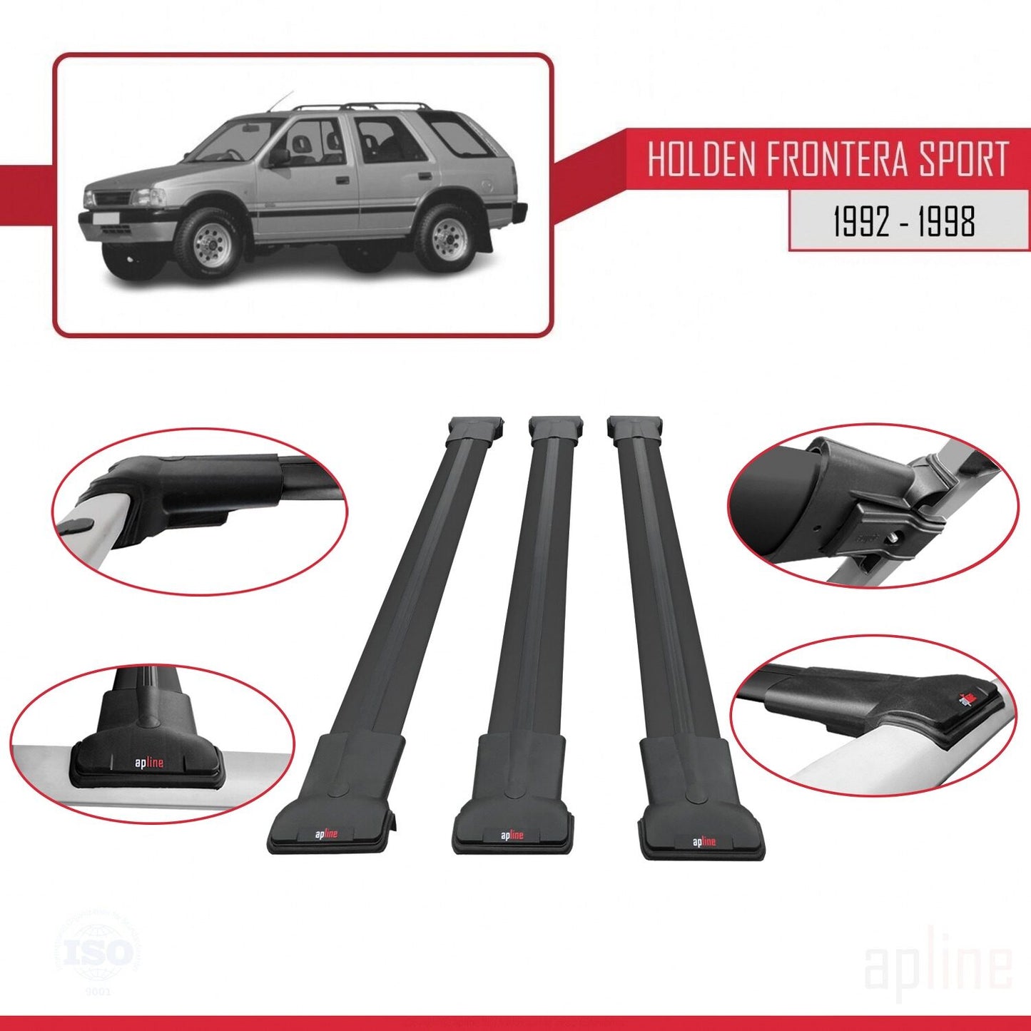 Compatible with Holden Frontera Sport 1992-1998 FLY Model Car Roof Rack Cross Bar Black Aluminium 3 Bars