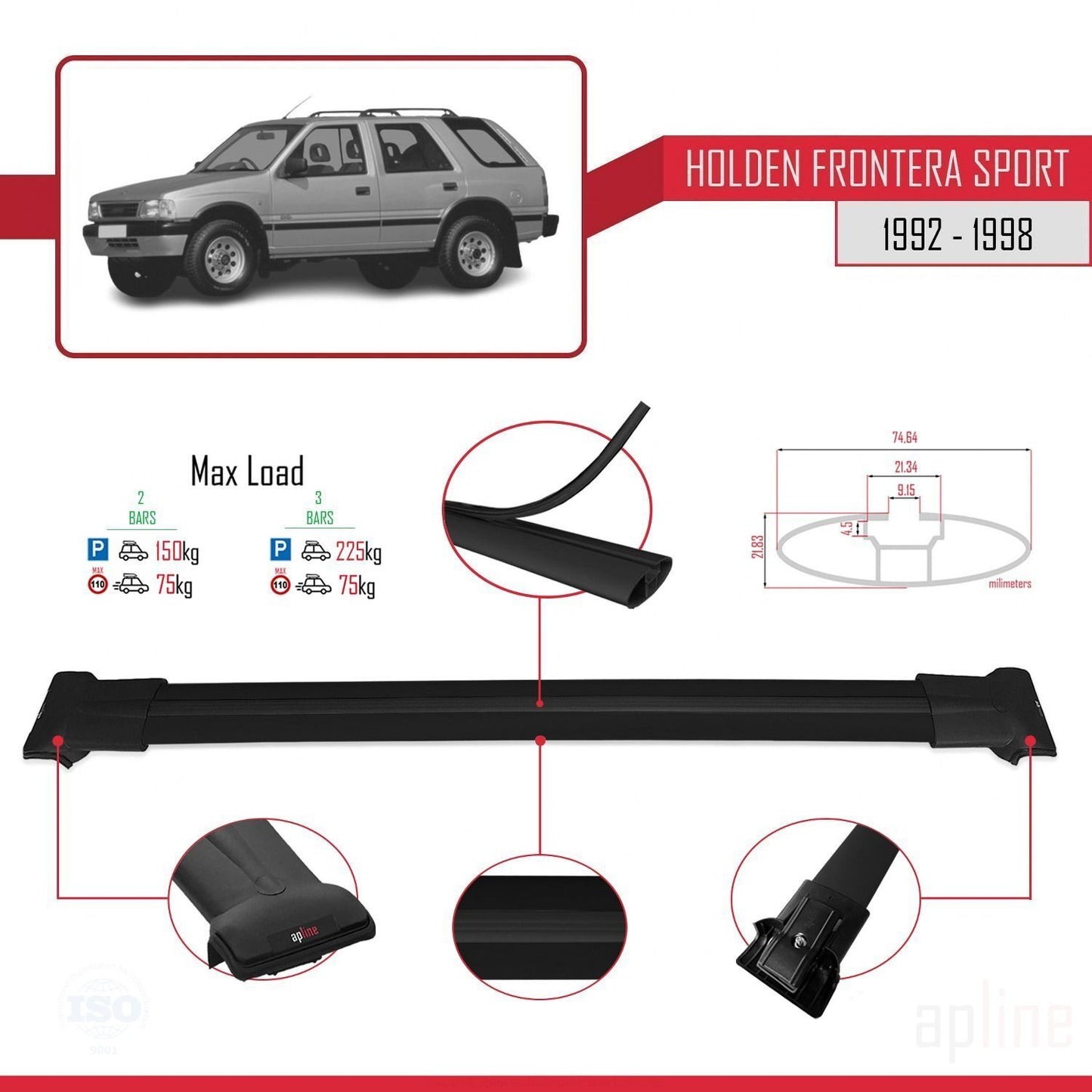 Compatible with Holden Frontera Sport 1992-1998 FLY Model Car Roof Rack Cross Bar Black Aluminium 2 Bars