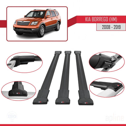 Compatible with Kia Borrego (HM) 2008-2019 FLY Model Car Roof Rack Cross Bar Black Aluminium 3 Bars