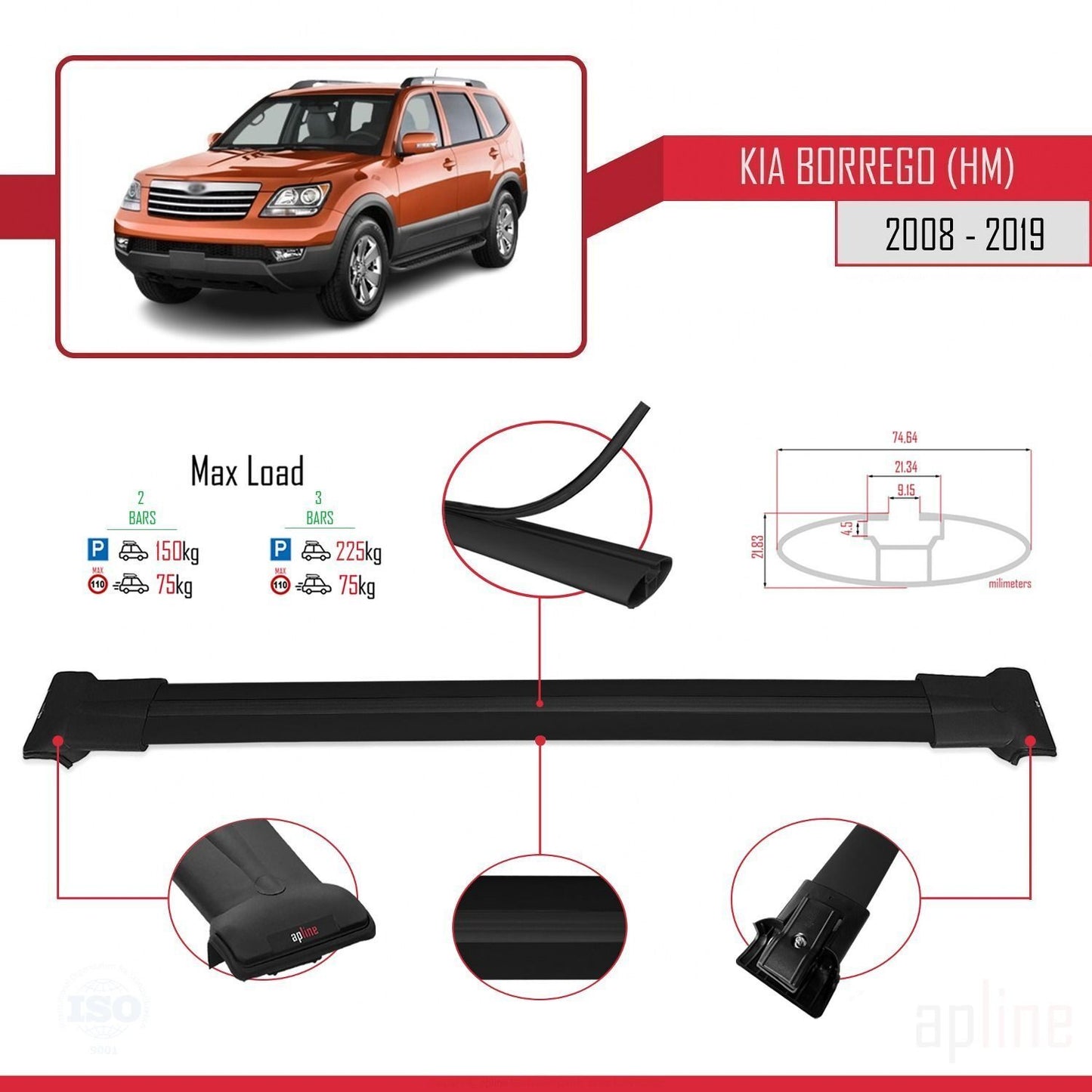 Compatible with Kia Borrego (HM) 2008-2019 FLY Model Car Roof Rack Cross Bar Black Aluminium 2 Bars