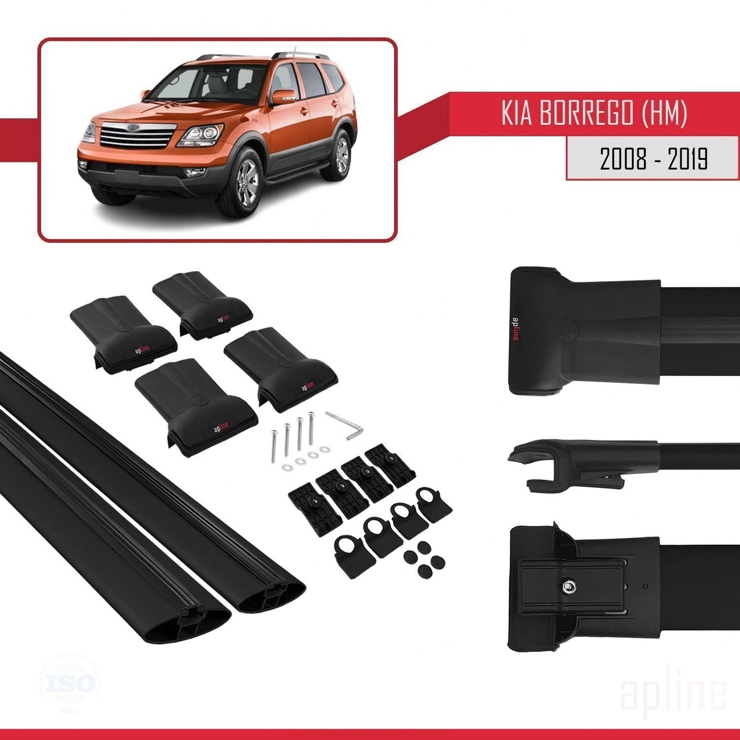 Compatible with Kia Borrego (HM) 2008-2019 FLY Model Car Roof Rack Cross Bar Black Aluminium 2 Bars
