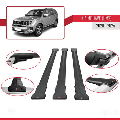 Compatible with Kia Mohave 2 (HM2) 2020-2024 FLY Model Car Roof Rack Cross Bar Black Aluminium 3 Bars