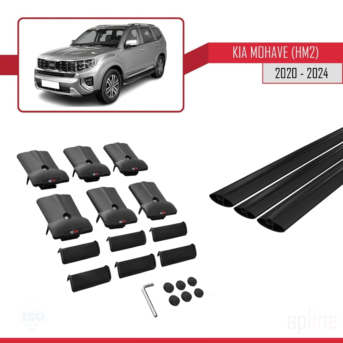 Compatible with Kia Mohave 2 (HM2) 2020-2024 FLY Model Car Roof Rack Cross Bar Black Aluminium 3 Bars