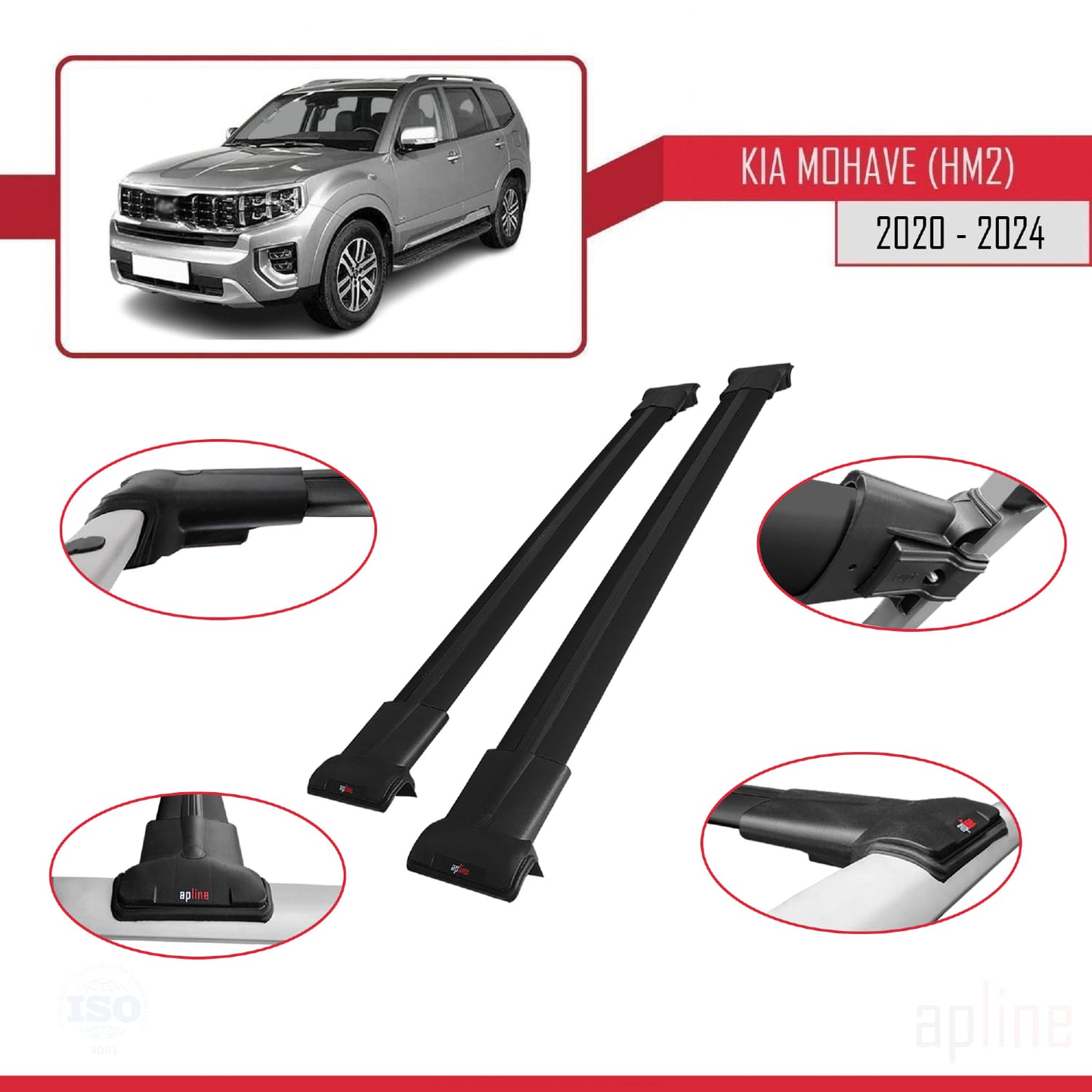 Compatible with Kia Mohave 2 (HM2) 2020-2024 FLY Model Car Roof Rack Cross Bar Black Aluminium 2 Bars