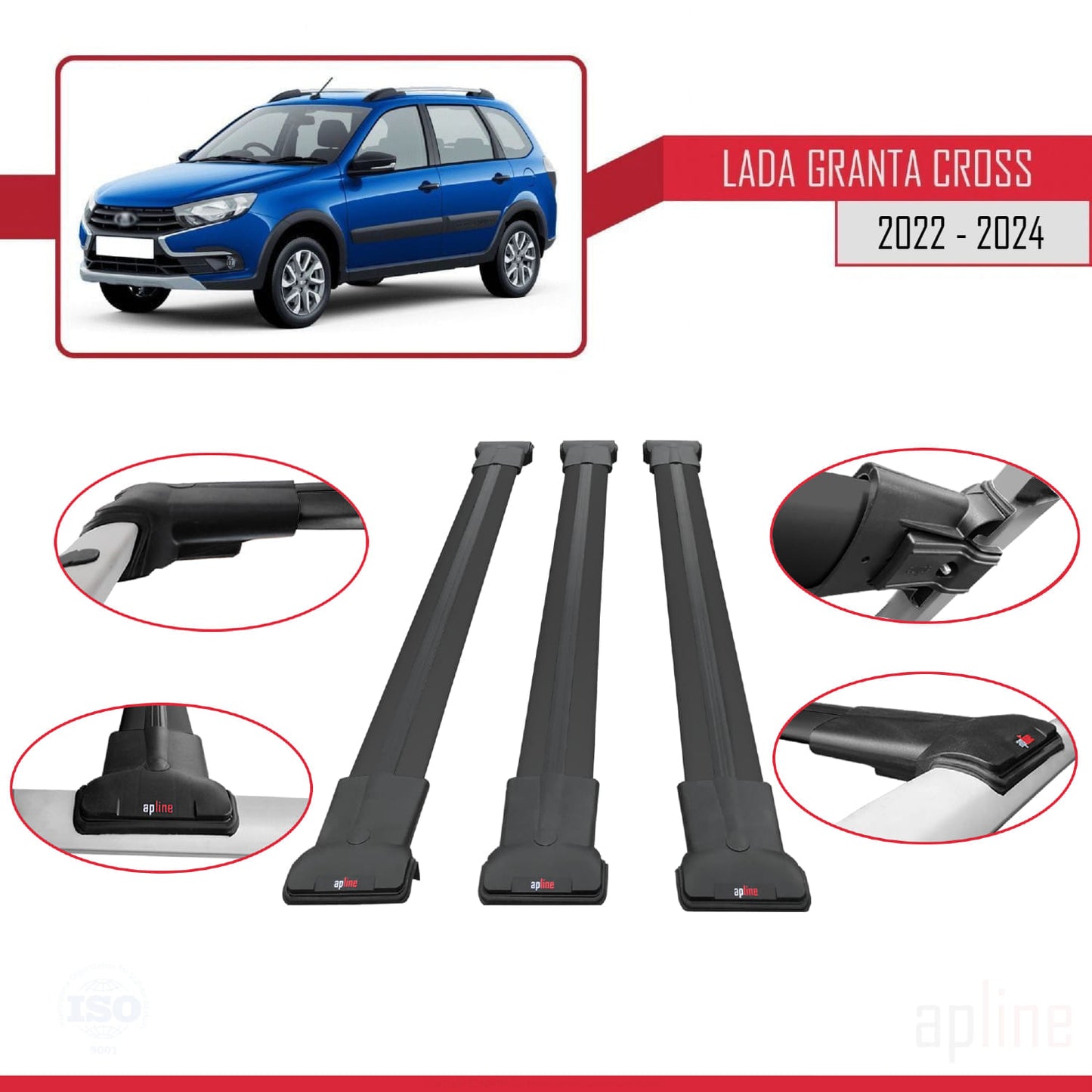 Compatible with Lada Granta Cross 2022-2024 FLY Model Car Roof Rack Cross Bar Black Aluminium 3 Bars
