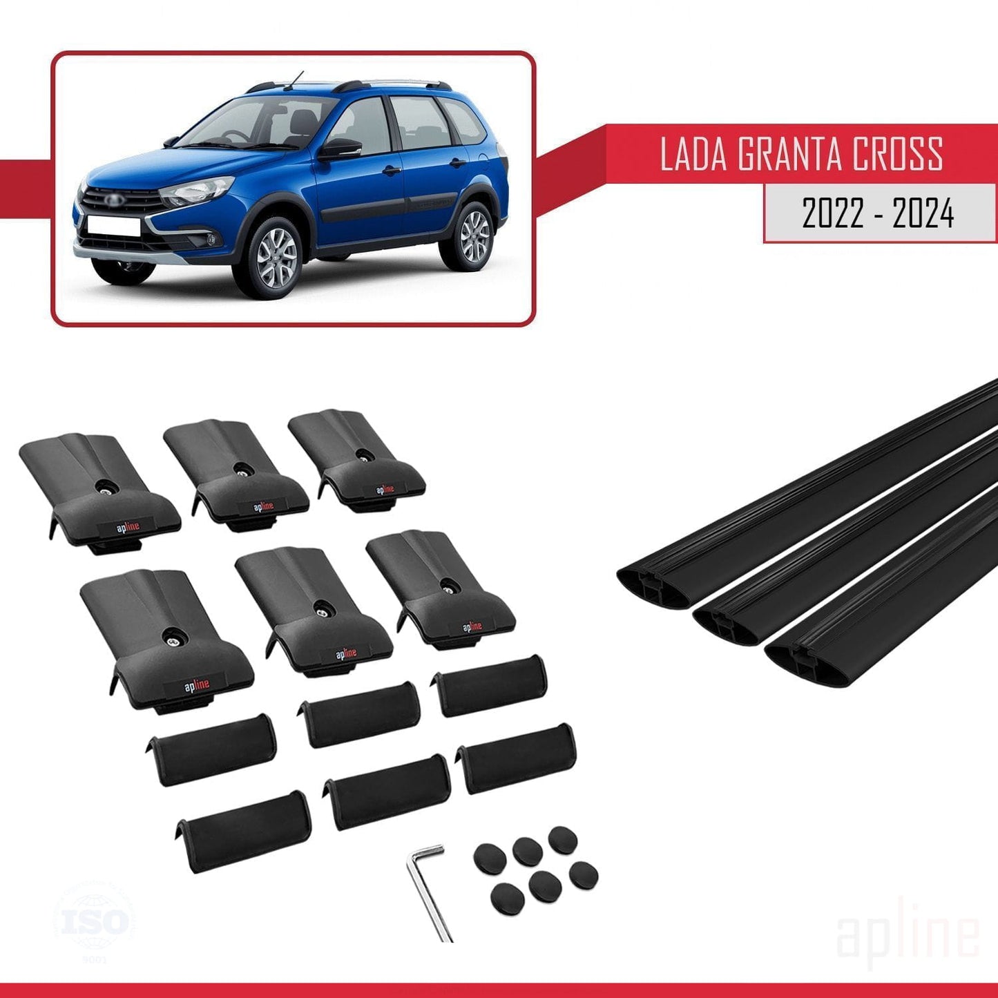 Compatible with Lada Granta Cross 2022-2024 FLY Model Car Roof Rack Cross Bar Black Aluminium 3 Bars