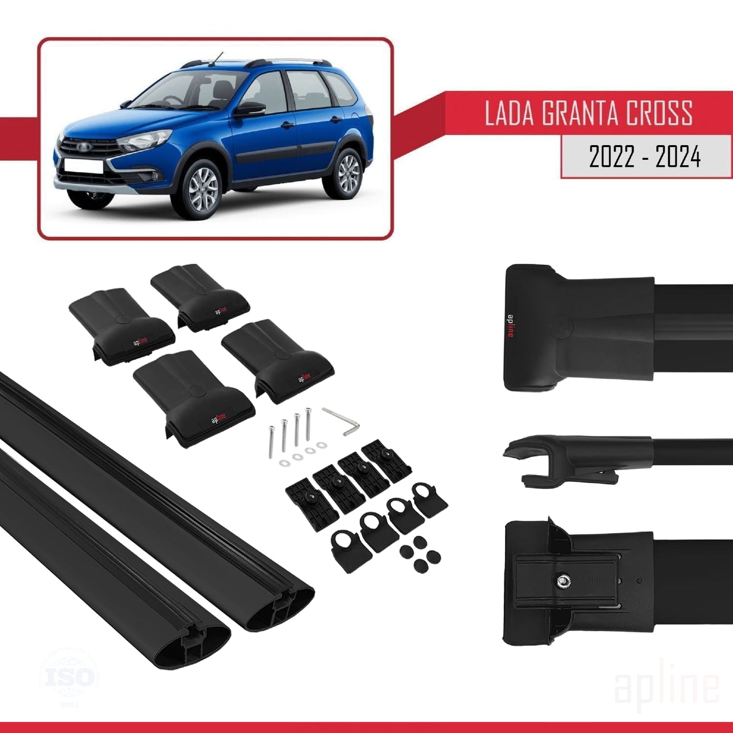 Compatible with Lada Granta Cross 2022-2024 FLY Model Car Roof Rack Cross Bar Black Aluminium 2 Bars