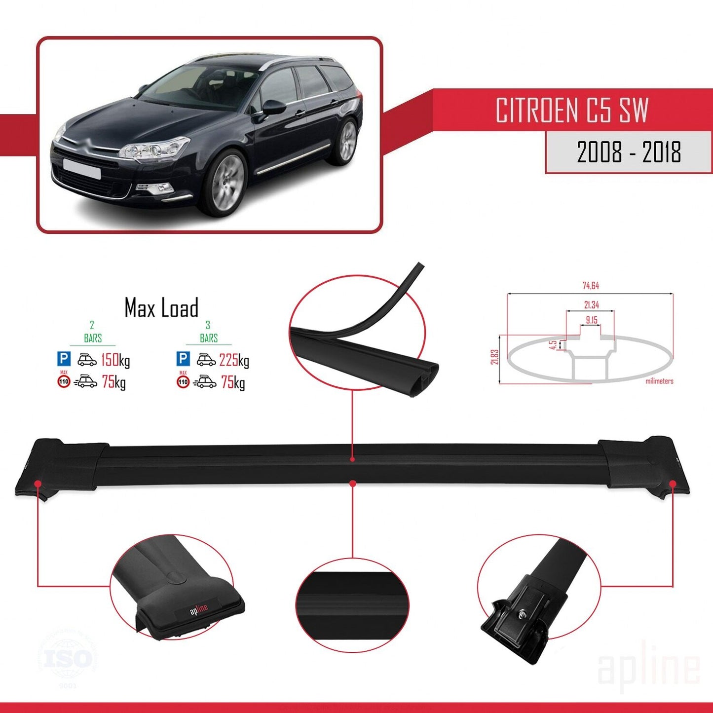 Compatible with Citroen C5 II Tourer 2008-2018 FLY Model Car Roof Rack Cross Bar Black Aluminium 2 Bars
