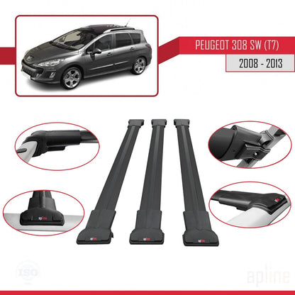 Compatible with Peugeot 308 (T7) SW 2008-2013 FLY Model Car Roof Rack Cross Bar Black Aluminium 3 Bars