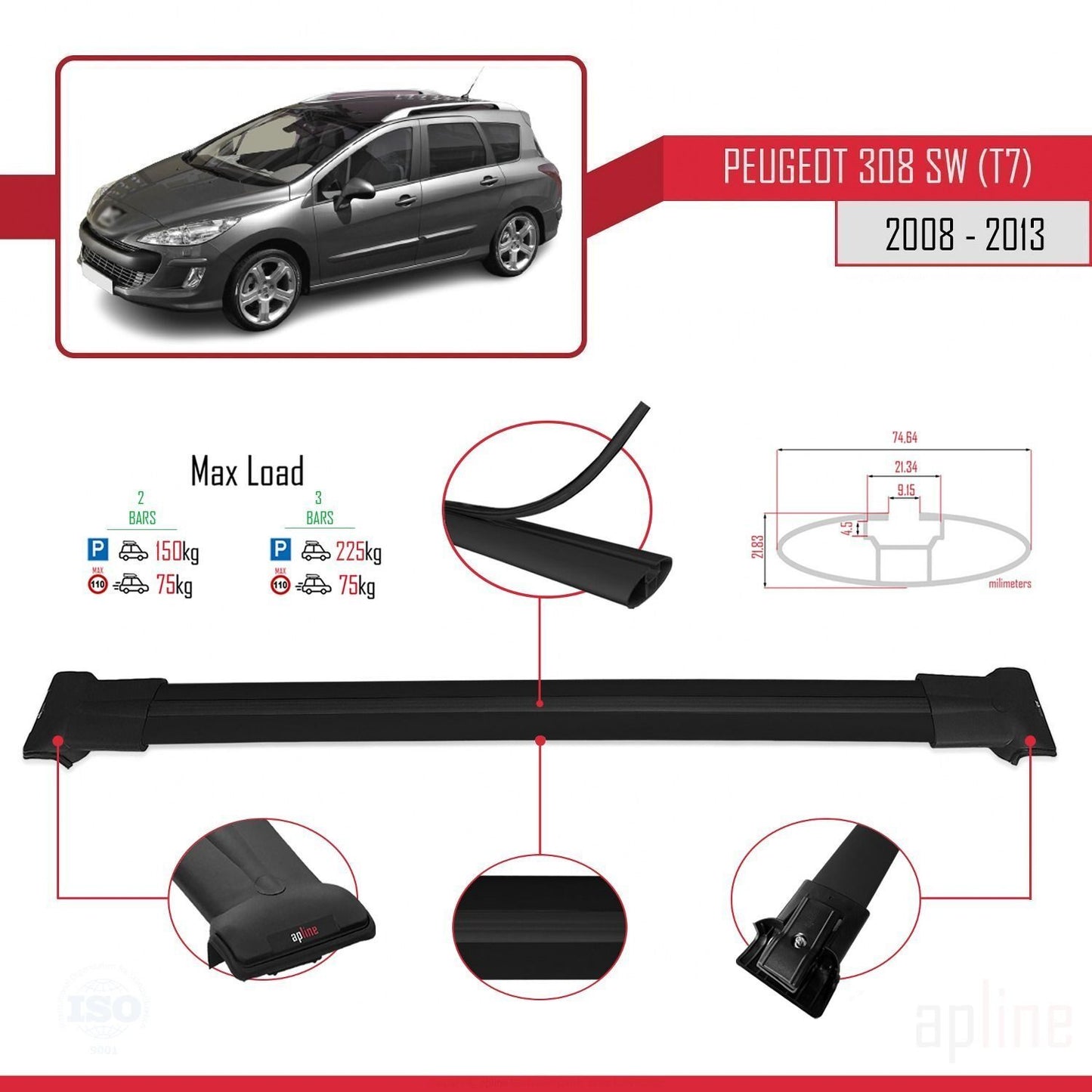 Compatible with Peugeot 308 (T7) SW 2008-2013 FLY Model Car Roof Rack Cross Bar Black Aluminium 2 Bars