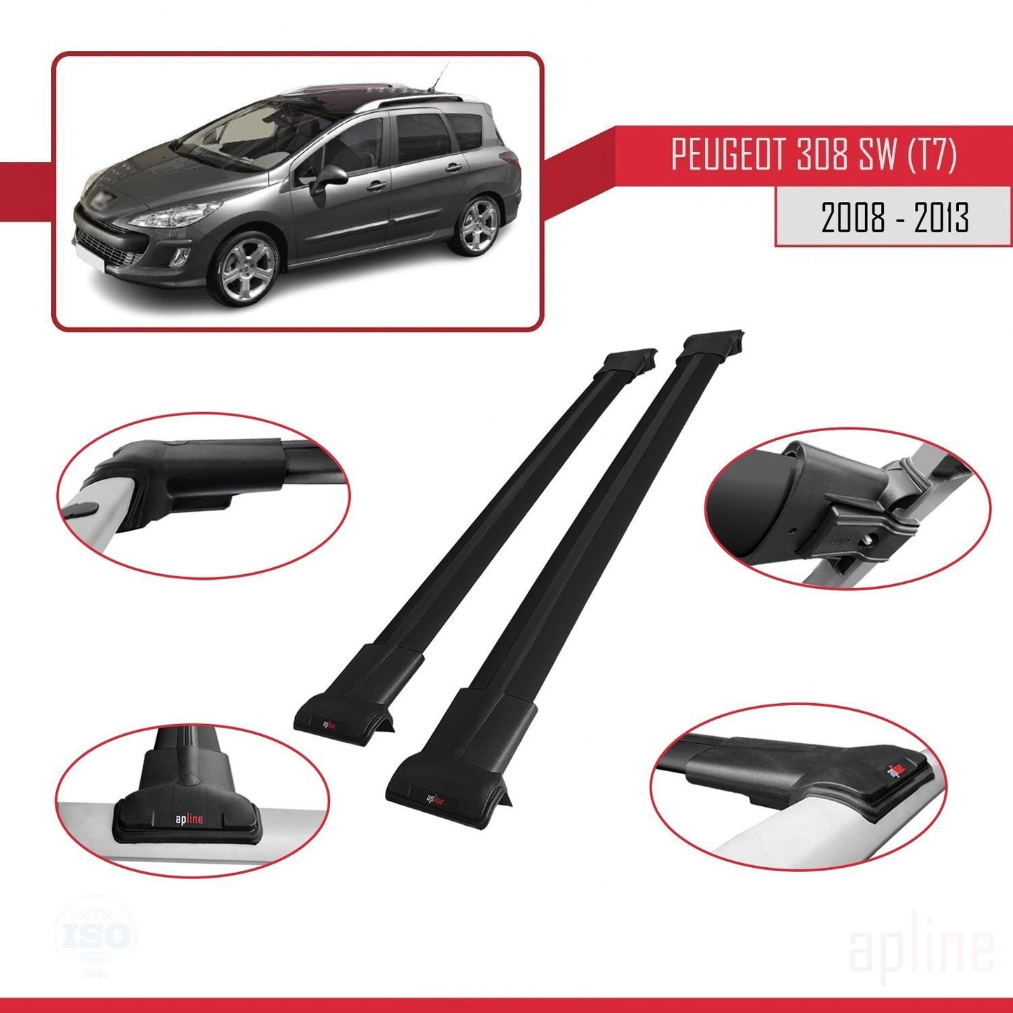 Compatible with Peugeot 308 (T7) SW 2008-2013 FLY Model Car Roof Rack Cross Bar Black Aluminium 2 Bars
