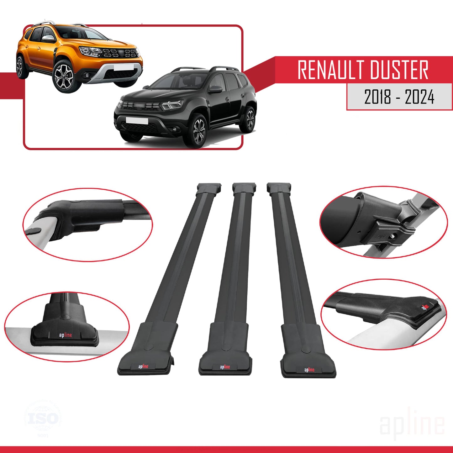 Compatible with Renault Duster 2 (HM) 2018-2024 FLY Model Car Roof Rack Cross Bar Black Aluminium 3 Bars