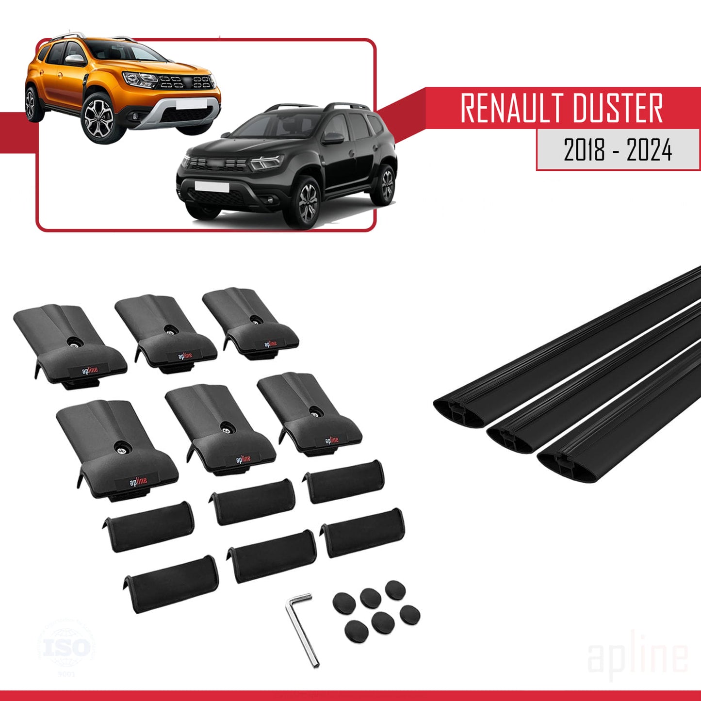Compatible with Renault Duster 2 (HM) 2018-2024 FLY Model Car Roof Rack Cross Bar Black Aluminium 3 Bars