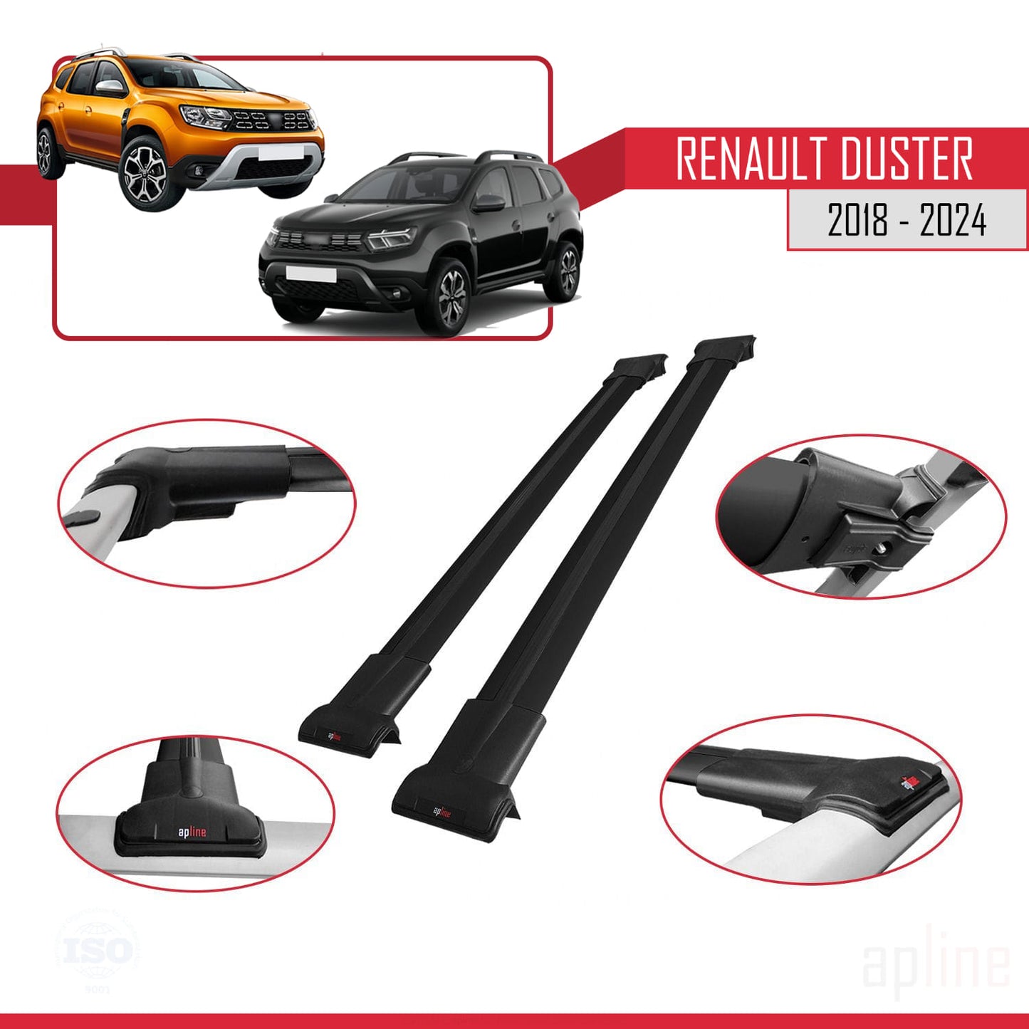 Compatible with Renault Duster 2 (HM) 2018-2024 FLY Model Car Roof Rack Cross Bar Black Aluminium 2 Bars