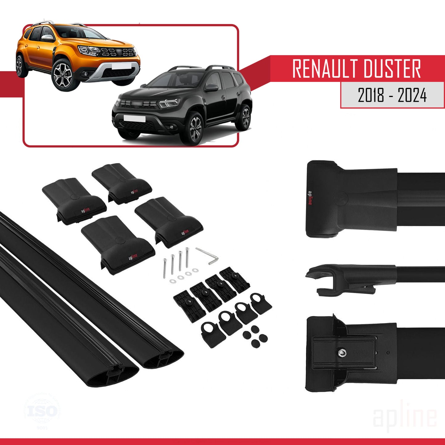 Compatible with Renault Duster 2 (HM) 2018-2024 FLY Model Car Roof Rack Cross Bar Black Aluminium 2 Bars