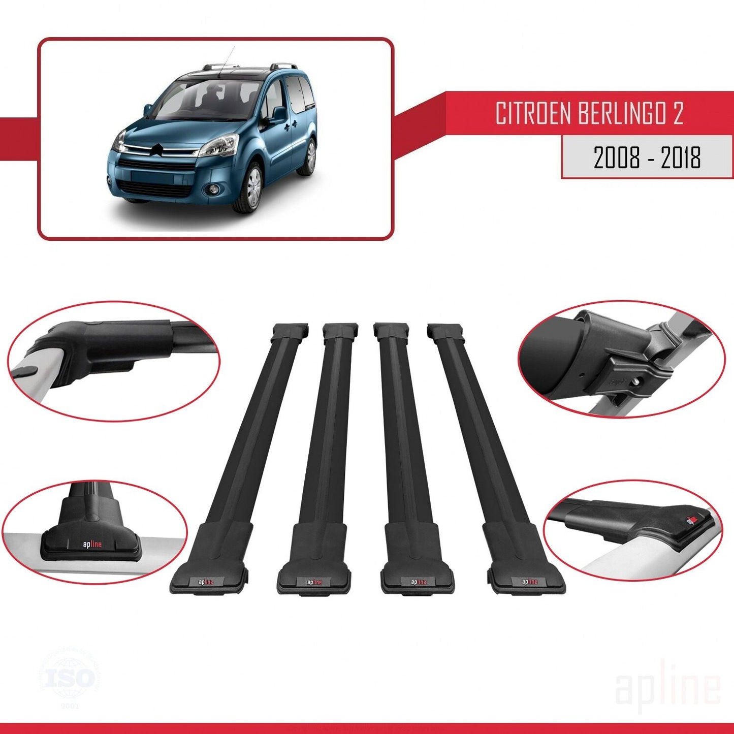 Compatible with Citroen Berlingo 2 (B9) 2008-2018 FLY Model Car Roof Rack Cross Bar Black Aluminium 4 Bars