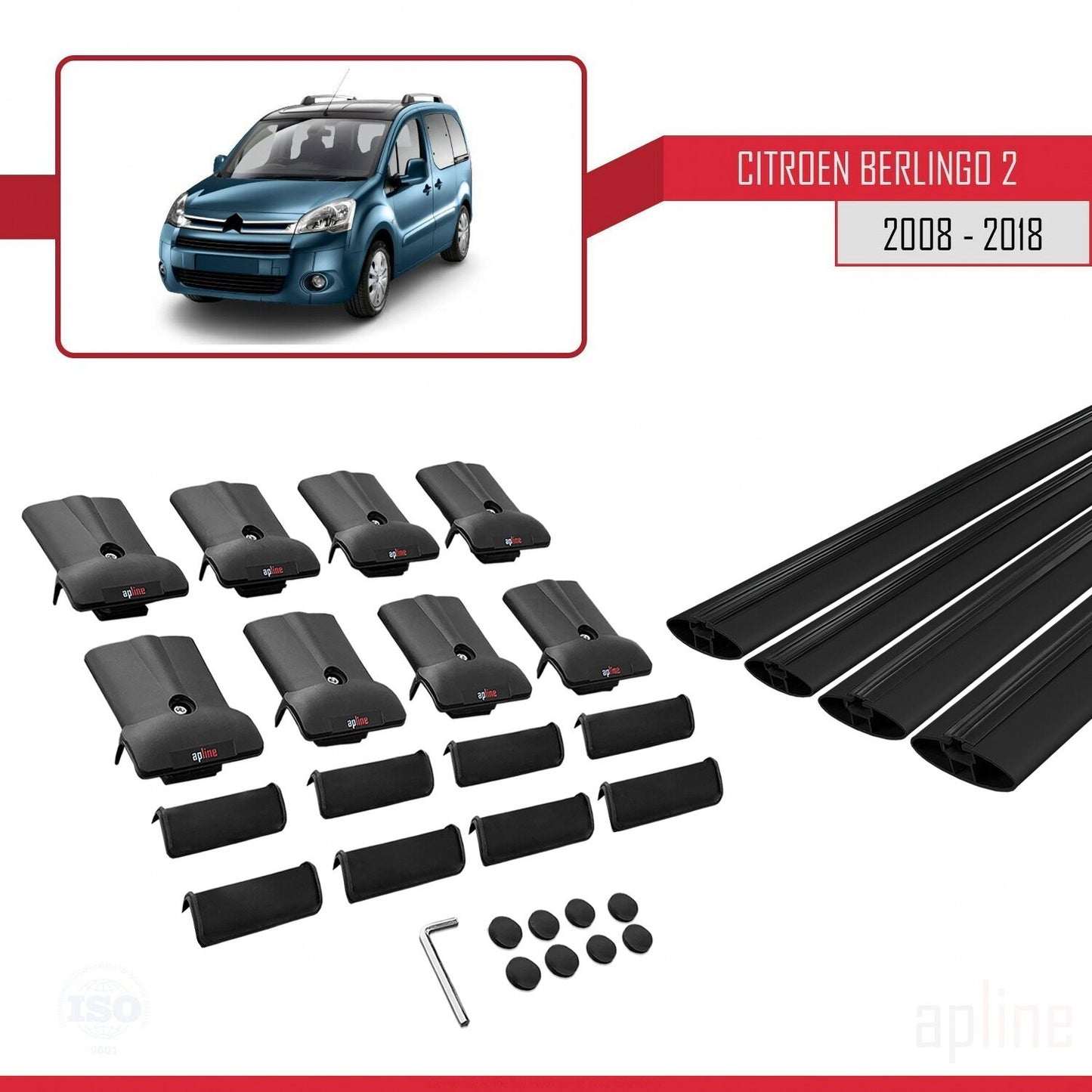 Compatible with Citroen Berlingo 2 (B9) 2008-2018 FLY Model Car Roof Rack Cross Bar Black Aluminium 4 Bars