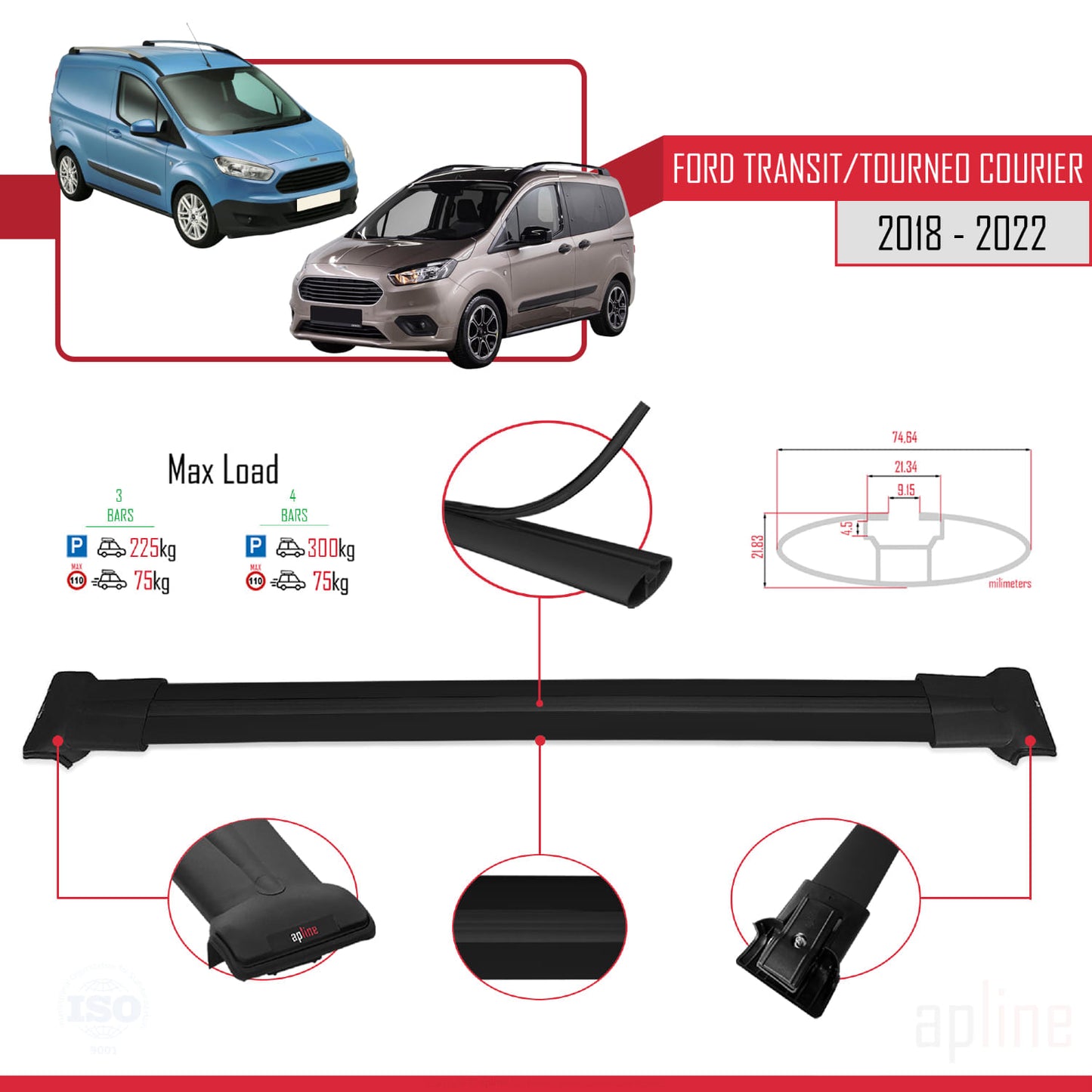 Compatible with Ford Transit/Tourneo Courier Post-Facelift 2018-2022 FLY Model Car Roof Rack Cross Bar Black Aluminium 3 Bars