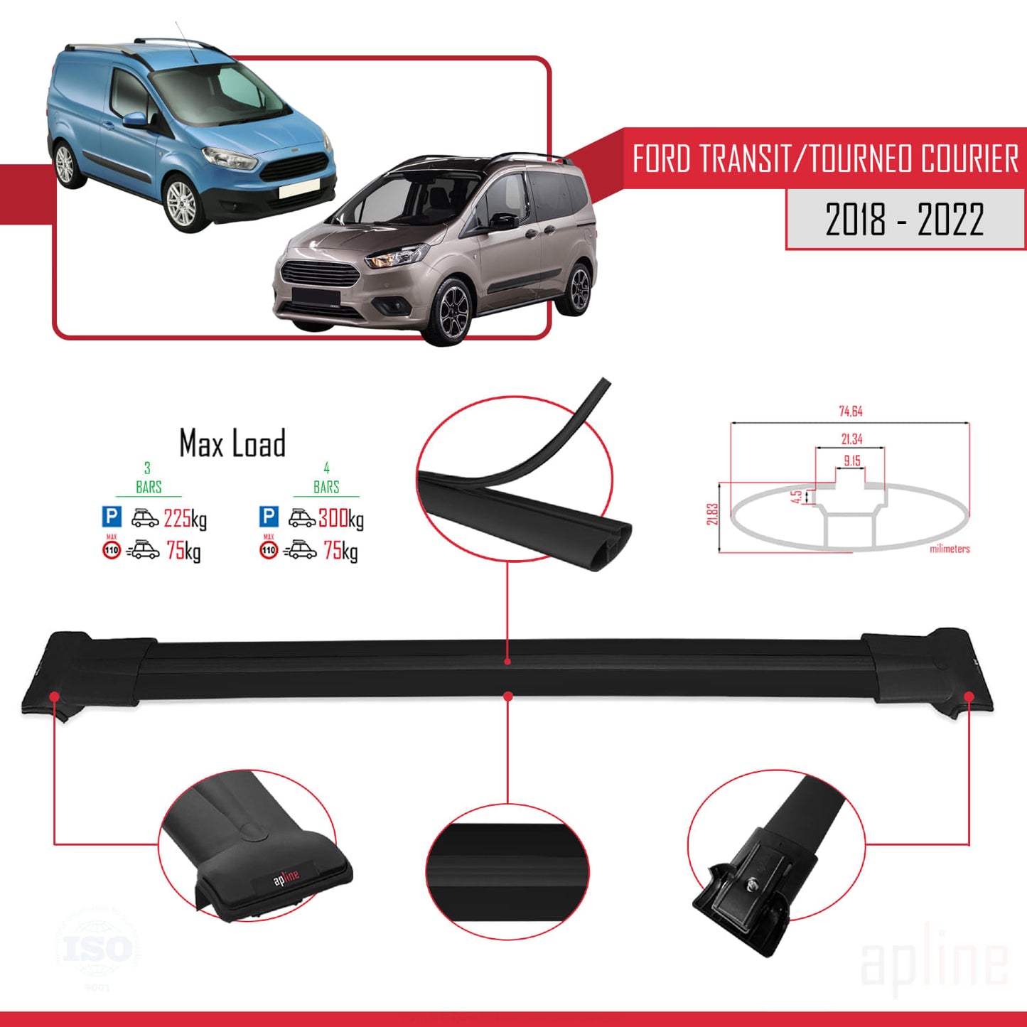 Compatible with Ford Transit/Tourneo Courier Post-Facelift 2018-2022 FLY Model Car Roof Rack Cross Bar Black Aluminium 4 Bars