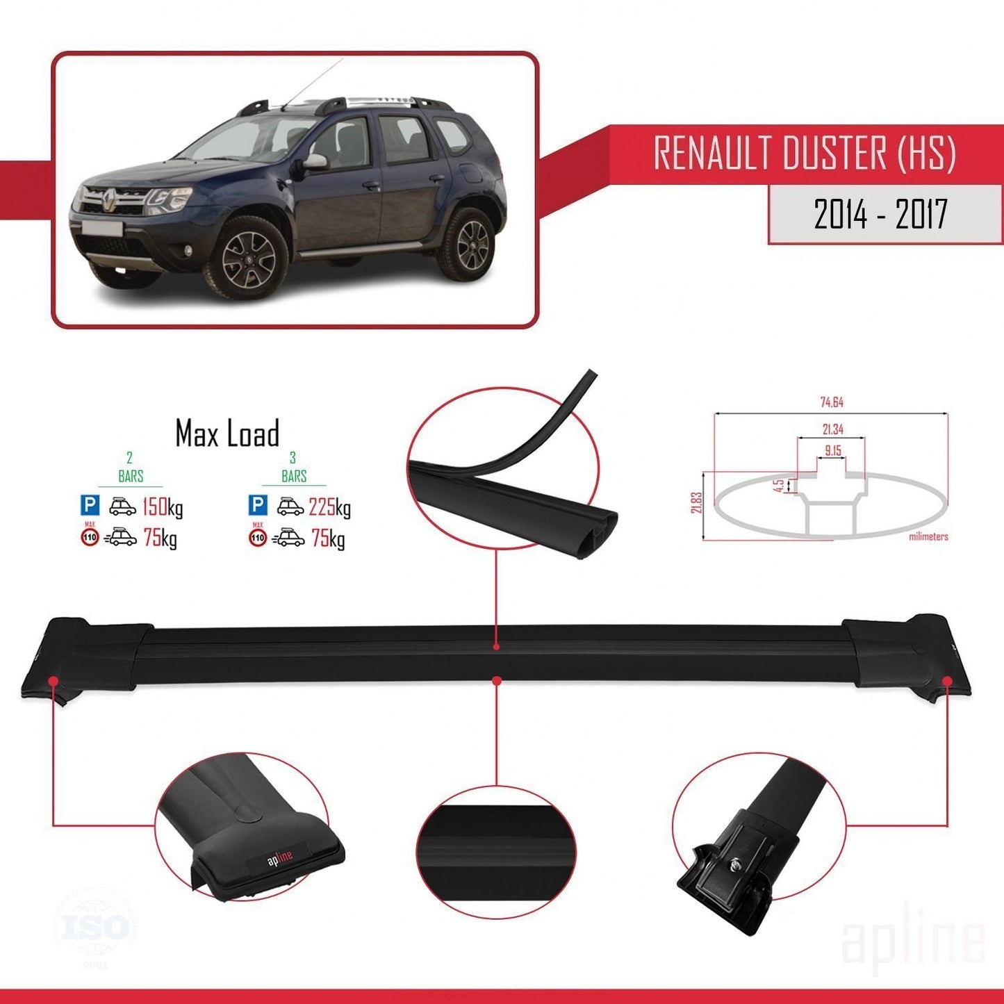 Compatible with Renault Duster (HS) Post-Facelift 2014-2017 FLY Model Car Roof Rack Cross Bar Black Aluminium 2 Bars