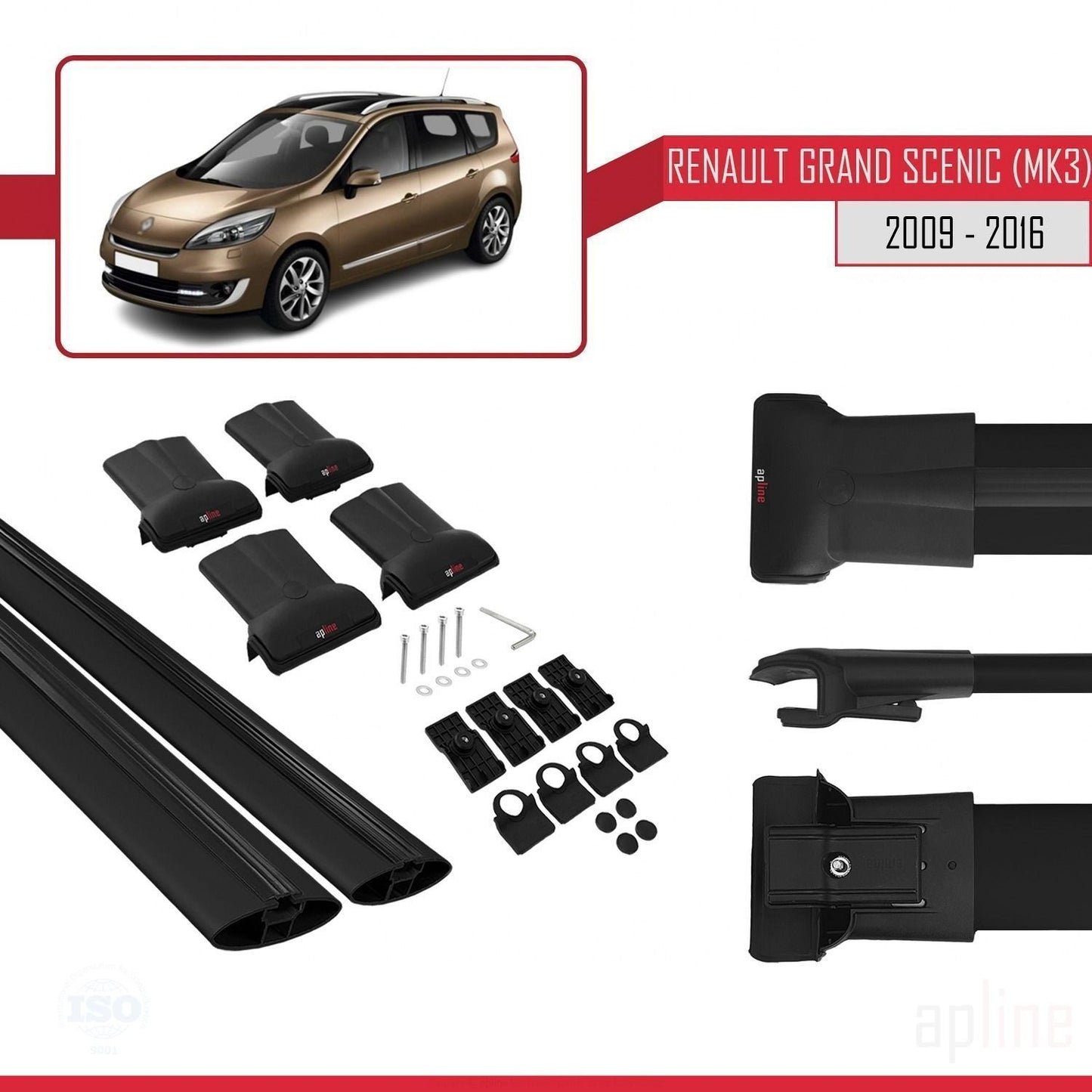 Compatible with Renault Grand Scenic 3 2009-2016 FLY Model Car Roof Rack Cross Bar Black Aluminium 2 Bars