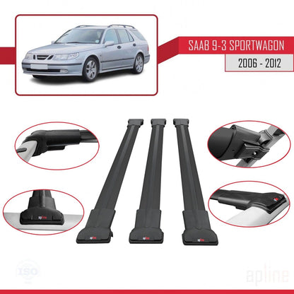 Compatible with Saab 9-3 II SW 2006-2012 FLY Model Car Roof Rack Cross Bar Black Aluminium 3 Bars