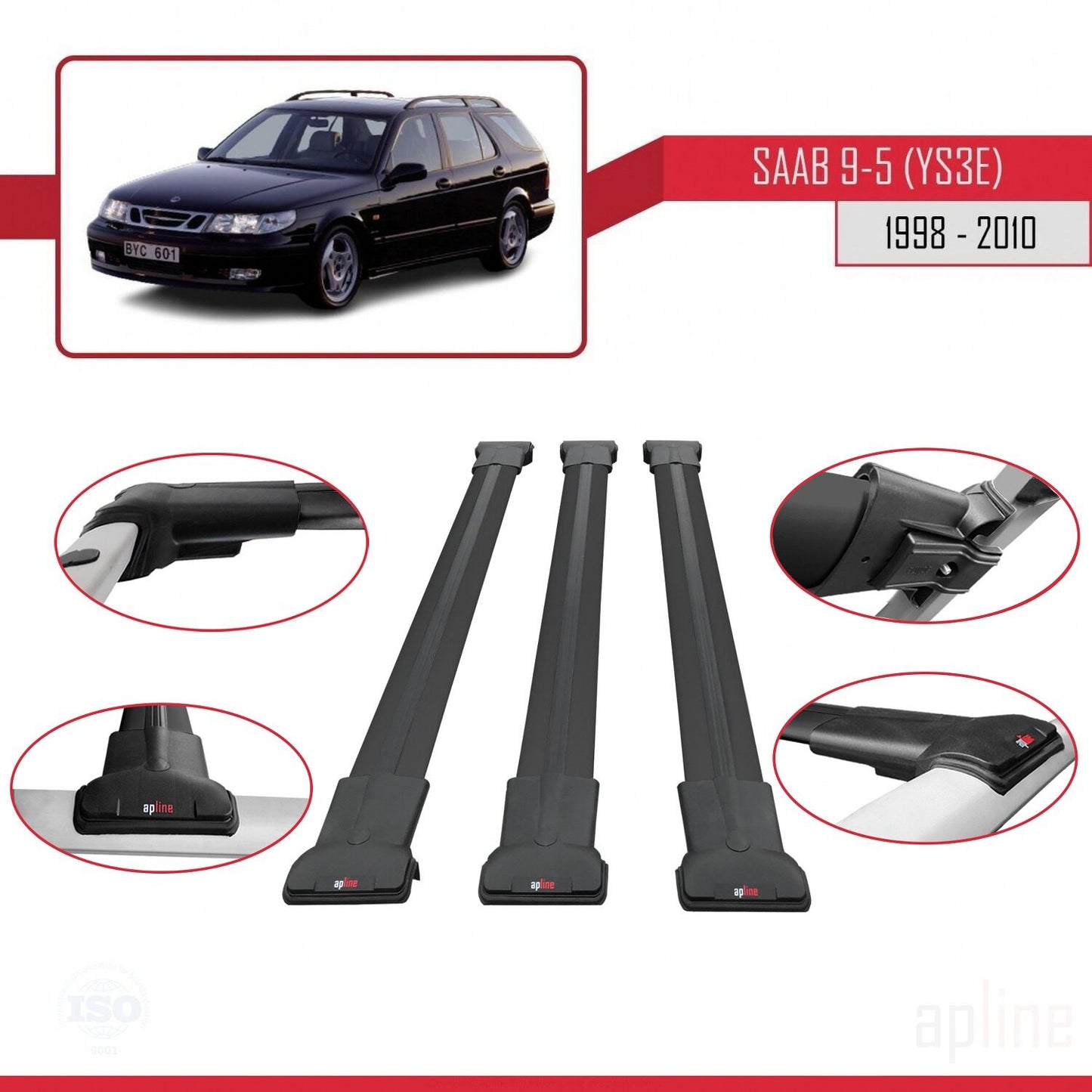 Compatible with Saab 9-5 (YS3E) SW 1998-2010 FLY Model Car Roof Rack Cross Bar Black Aluminium 3 Bars