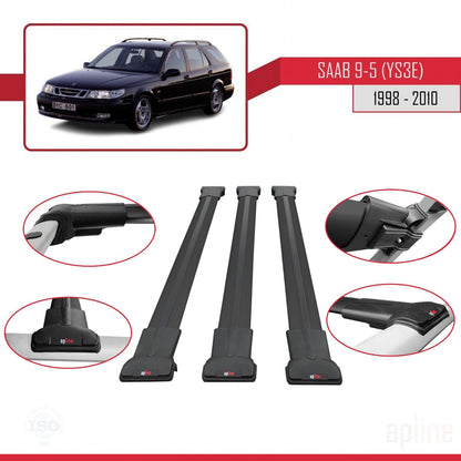 Compatible with Saab 9-5 (YS3E) SW 1998-2010 FLY Model Car Roof Rack Cross Bar Black Aluminium 3 Bars
