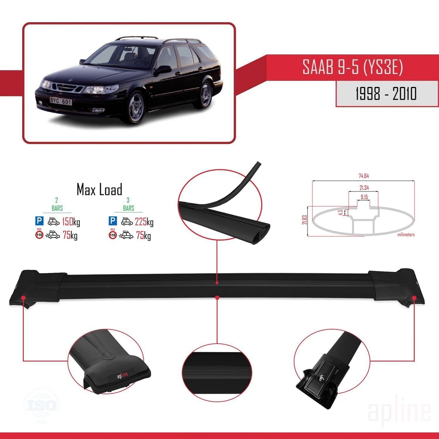 Compatible with Saab 9-5 (YS3E) SW 1998-2010 FLY Model Car Roof Rack Cross Bar Black Aluminium 2 Bars