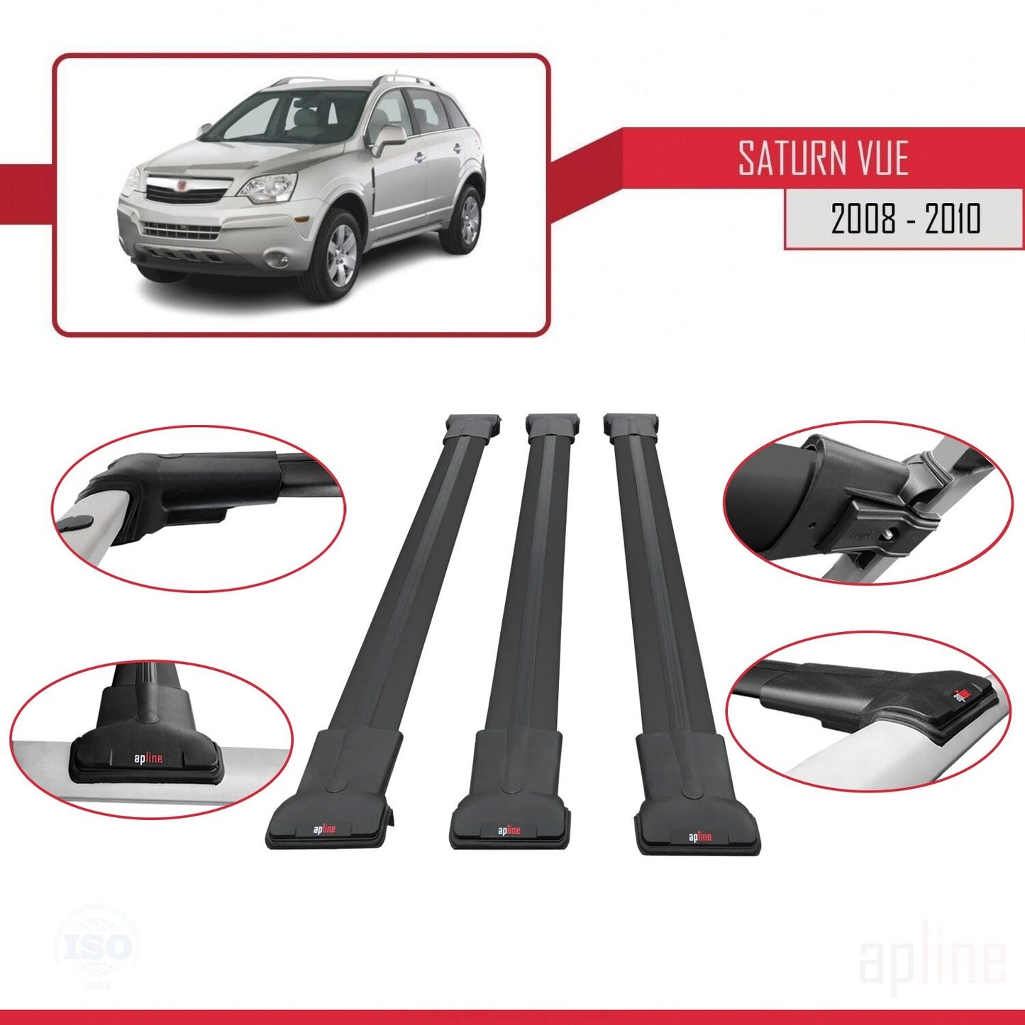 Compatible with Saturn Vue 2 2008-2010 FLY Model Car Roof Rack Cross Bar Black Aluminium 3 Bars