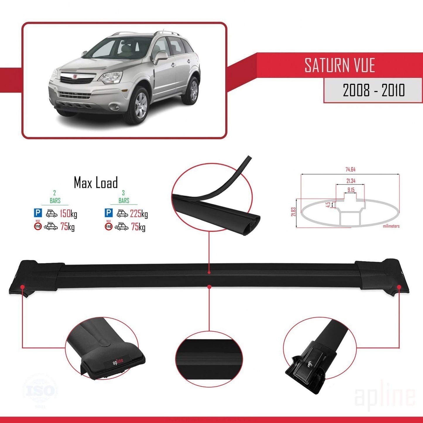 Compatible with Saturn Vue 2 2008-2010 FLY Model Car Roof Rack Cross Bar Black Aluminium 2 Bars