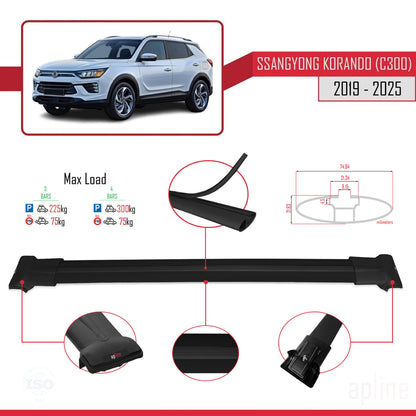 Compatible with Ssangyong Korando 4 (C300) 2019-2025 FLY Model Car Roof Rack Cross Bar Black Aluminium 3 Bars