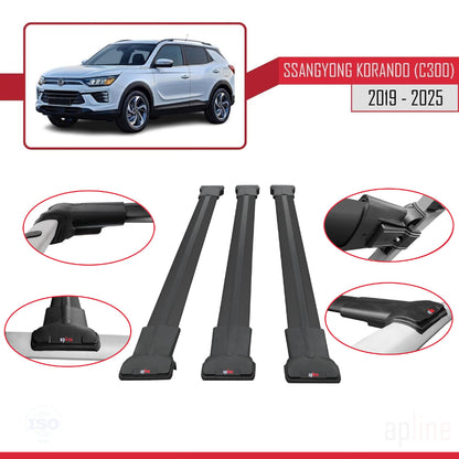 Compatible with Ssangyong Korando 4 (C300) 2019-2025 FLY Model Car Roof Rack Cross Bar Black Aluminium 3 Bars