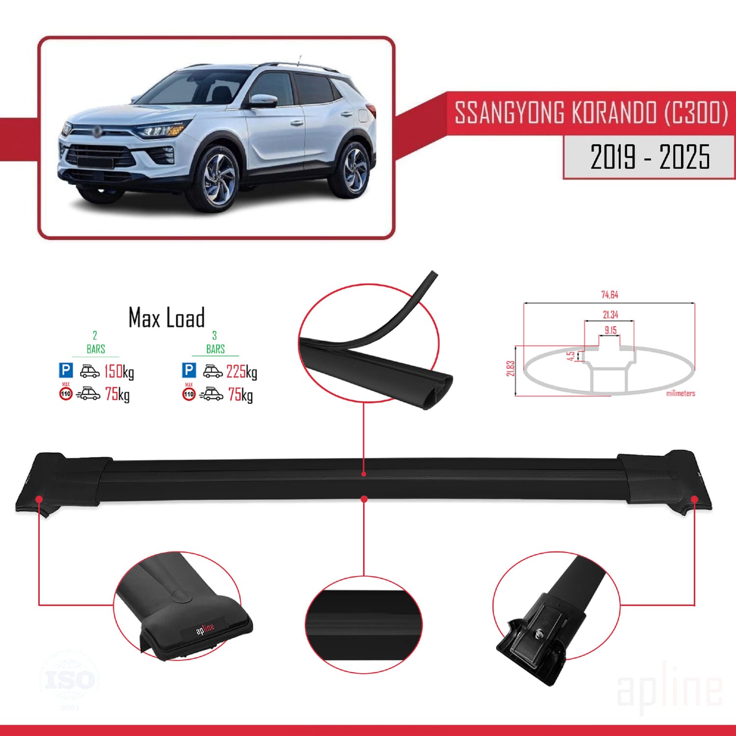 Compatible with Ssangyong Korando 4 (C300) 2019-2025 FLY Model Car Roof Rack Cross Bar Black Aluminium 2 Bars