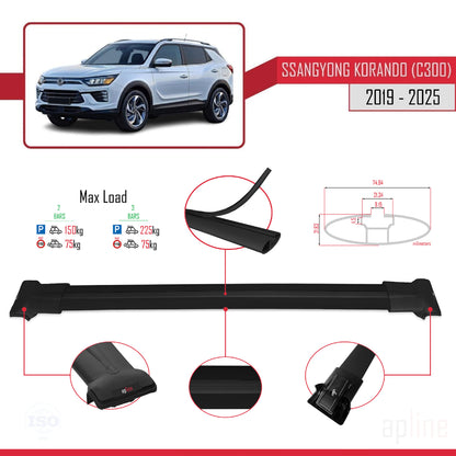 Compatible with Ssangyong Korando 4 (C300) 2019-2025 FLY Model Car Roof Rack Cross Bar Black Aluminium 2 Bars