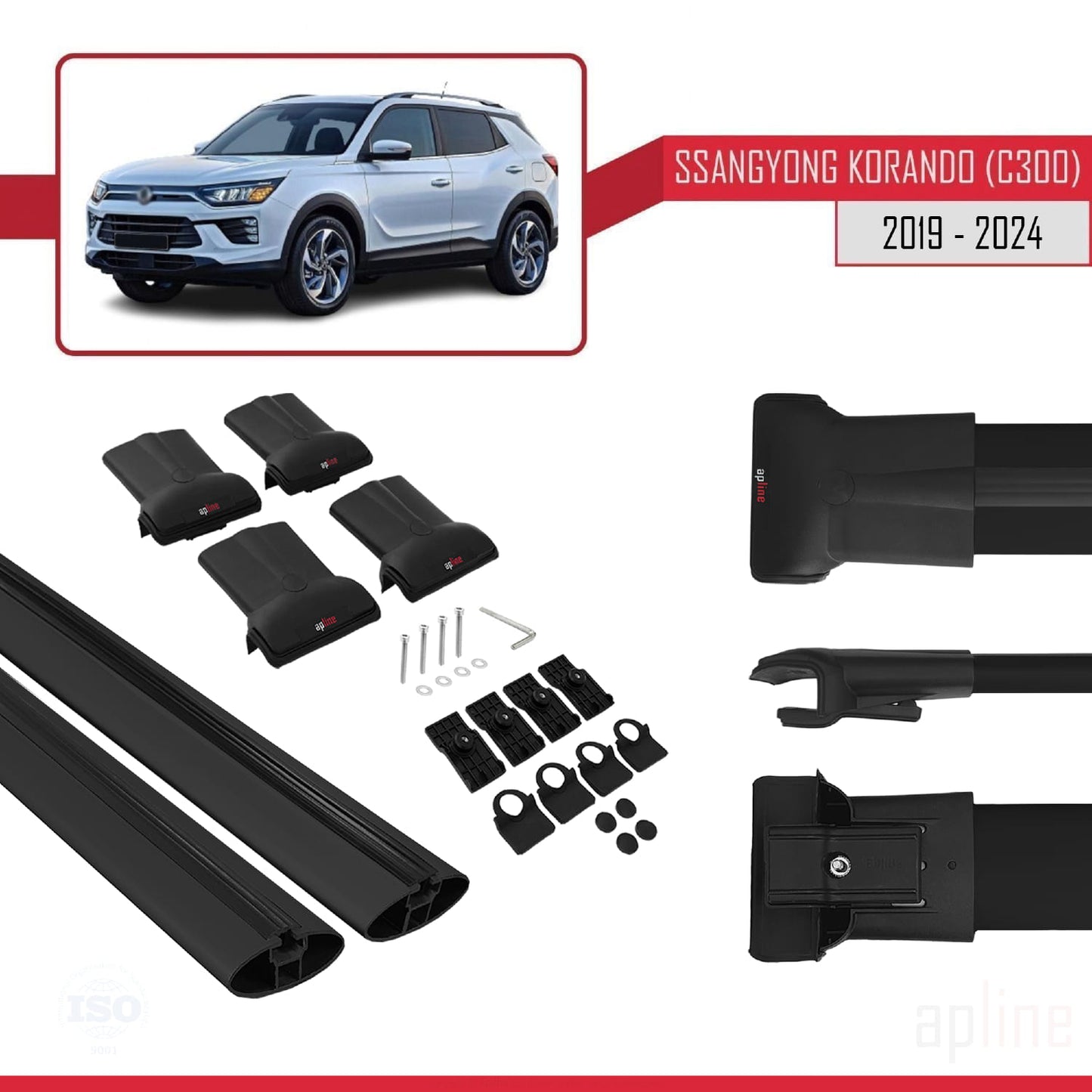 Compatible with Ssangyong Korando 4 (C300) 2019-2025 FLY Model Car Roof Rack Cross Bar Black Aluminium 2 Bars