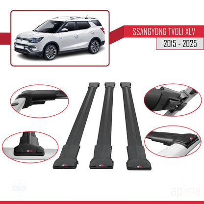 Compatible with Ssangyong Tivoli XLV 2015-2025 FLY Model Car Roof Rack Cross Bar Black Aluminium 3 Bars