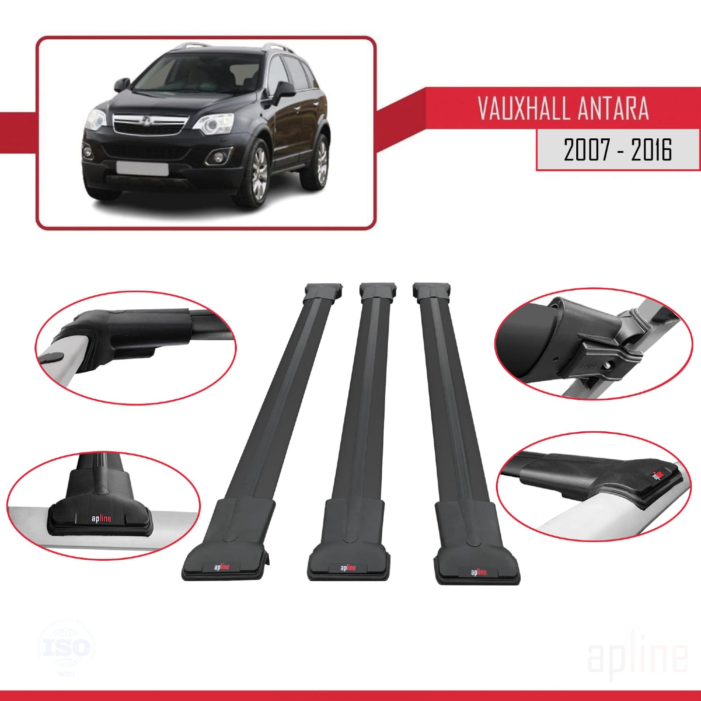 Compatible with Vauxhall Antara 2007-2016 FLY Model Car Roof Rack Cross Bar Black Aluminium 3 Bars