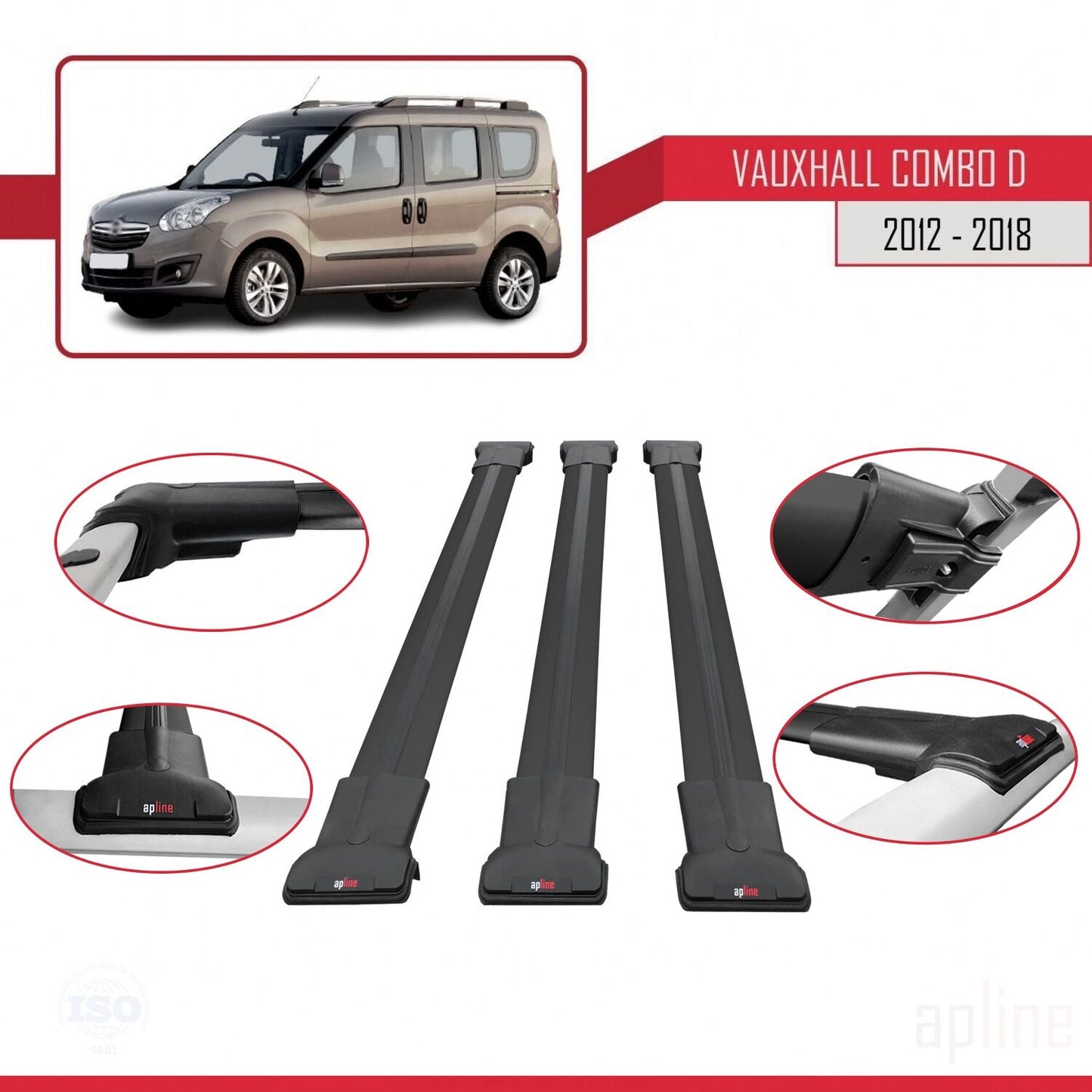 Compatible with Vauxhall Combo D 2012-2018 FLY Model Car Roof Rack Cross Bar Black Aluminium 3 Bars