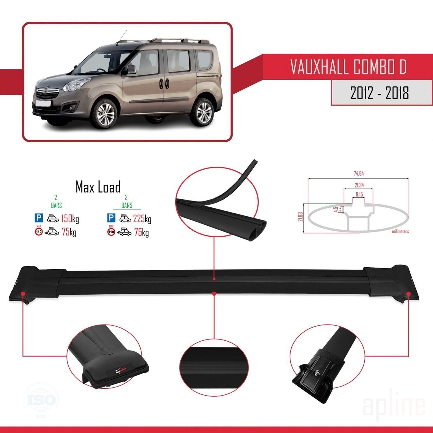 Compatible with Vauxhall Combo D 2012-2018 FLY Model Car Roof Rack Cross Bar Black Aluminium 2 Bars