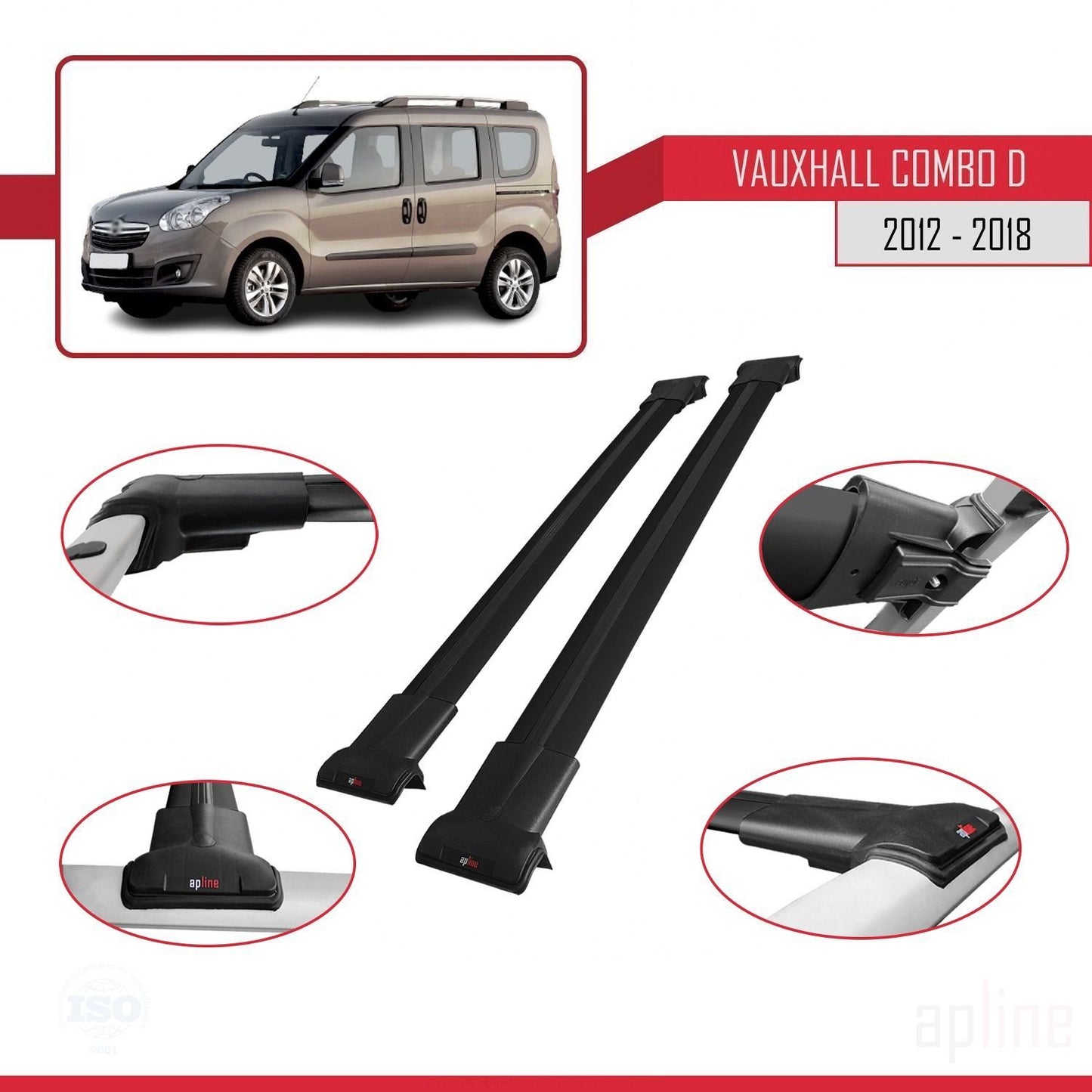 Compatible with Vauxhall Combo D 2012-2018 FLY Model Car Roof Rack Cross Bar Black Aluminium 2 Bars