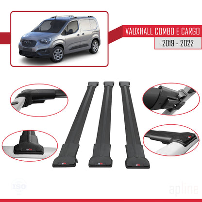 Compatible with Vauxhall Combo E Cargo 2019-2022 FLY Model Car Roof Rack Cross Bar Black Aluminium 3 Bars
