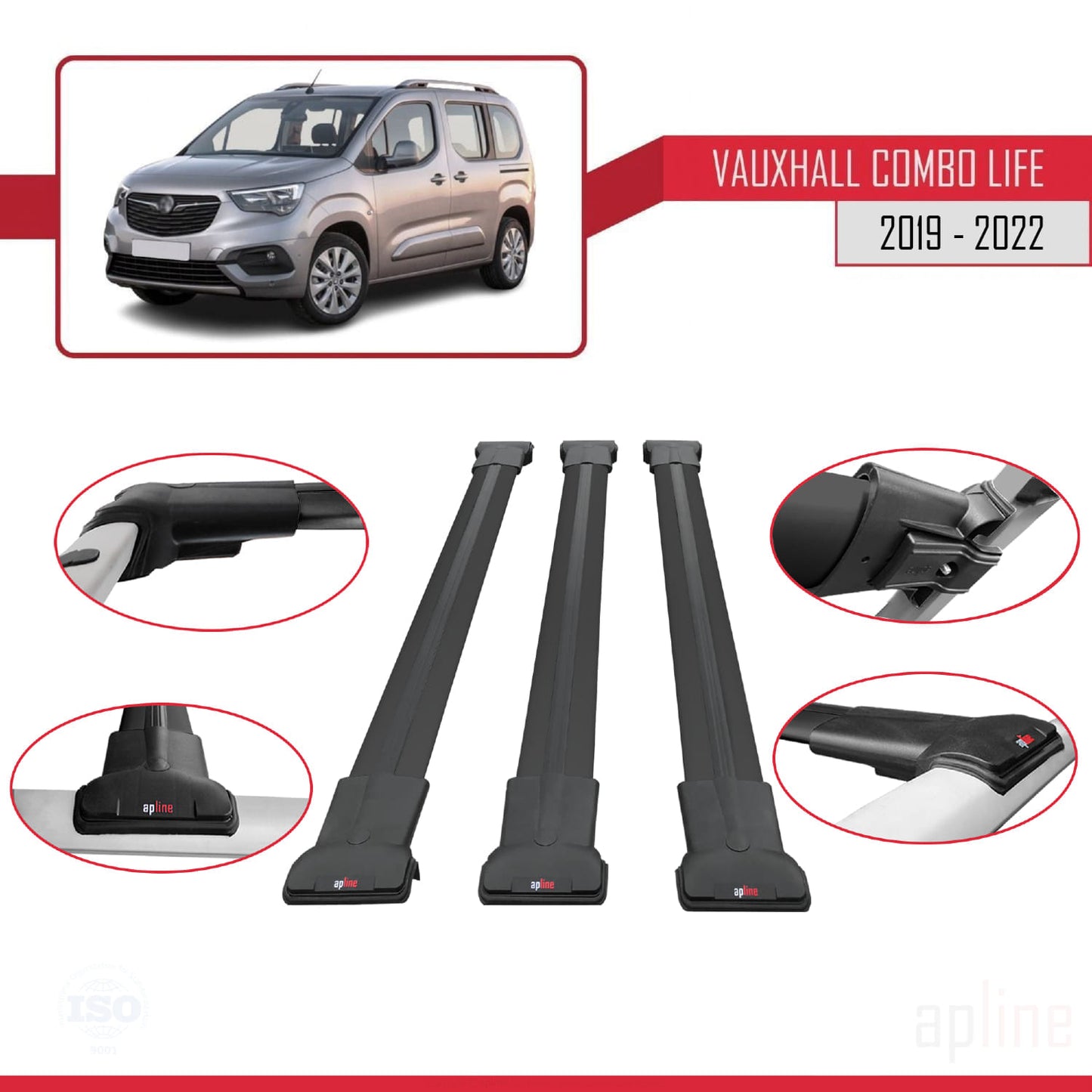 Compatible with Vauxhall Combo E Life 2019-2022 FLY Model Car Roof Rack Cross Bar Black Aluminium 3 Bars