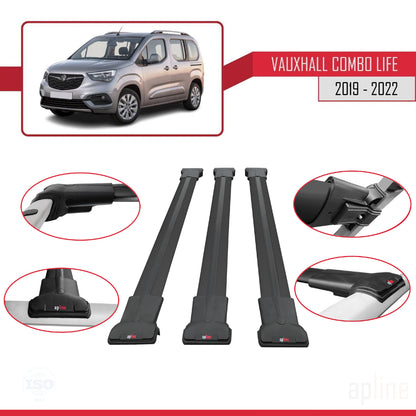 Compatible with Vauxhall Combo E Life 2019-2022 FLY Model Car Roof Rack Cross Bar Black Aluminium 3 Bars